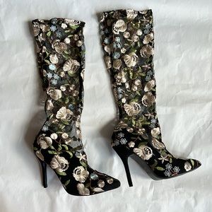 Mackin J black sheer stretchy embroidered high heel boots